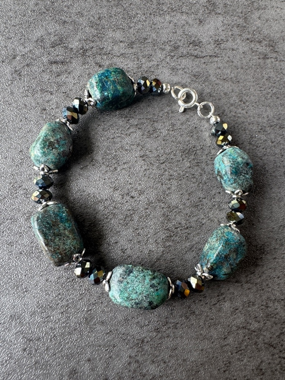African Turquoise-Green Natural Stone Bracelet with Black Crystal Accents